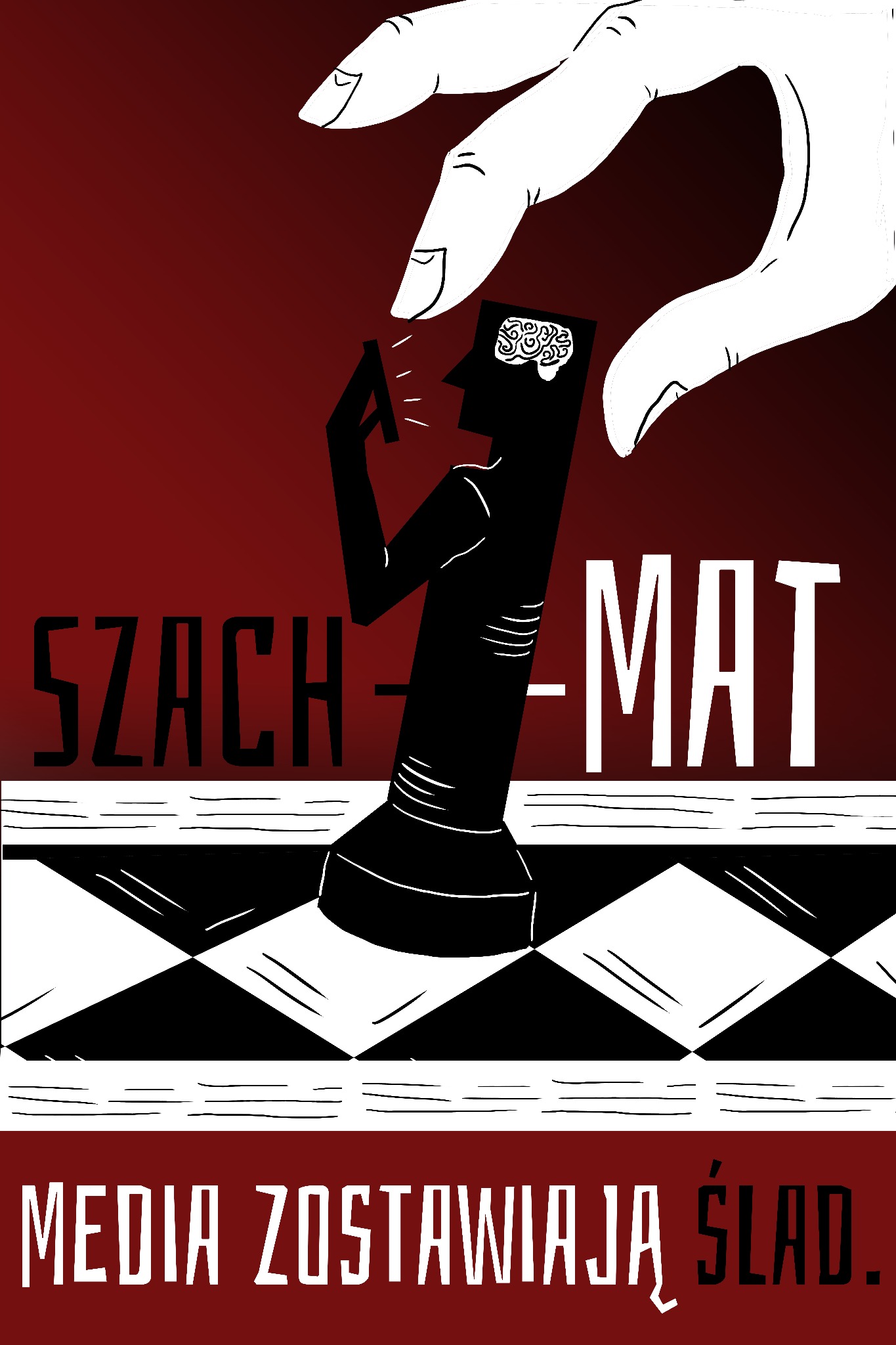 Ilustracja przedstawia pionek szachowy w kształcie głowy z mózgiem, trzymający telefon, nad nim dłoń. Tło w odcieniach czerwieni, z napisem 'SZACH-MAT' i 'MEDIA ZOSTAWIAJĄ ŚLAD'.