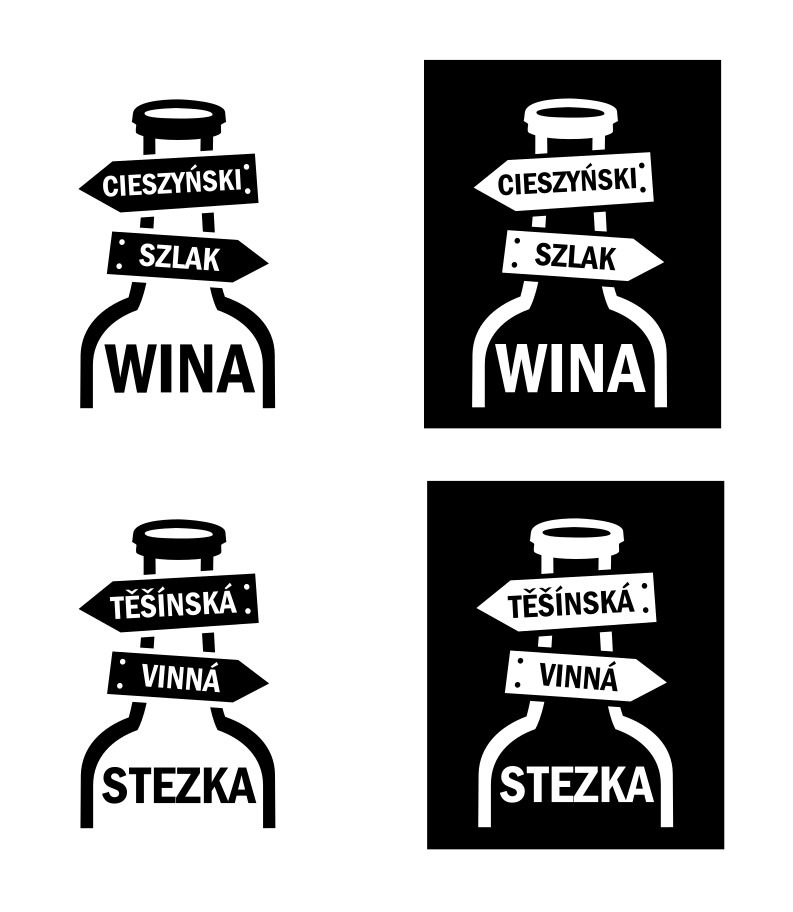 Cztery warianty graficzne logo w kolorach czerni i bieli przedstawiające stylizowaną butelkę z drogowskazami wskazującymi na Cieszyński Szlak Wina i Těšínská Vinná Stezka.