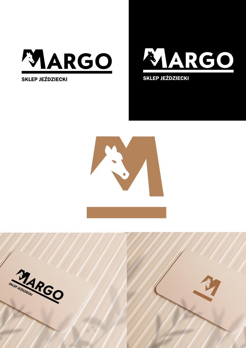 Kompilacja logo sklepu jeździeckiego MARGO w czterech wariantach: czarno-białe na białym i czarnym tle, brązowe z koniem w literze M oraz na wizytówkach z cieniem liści.