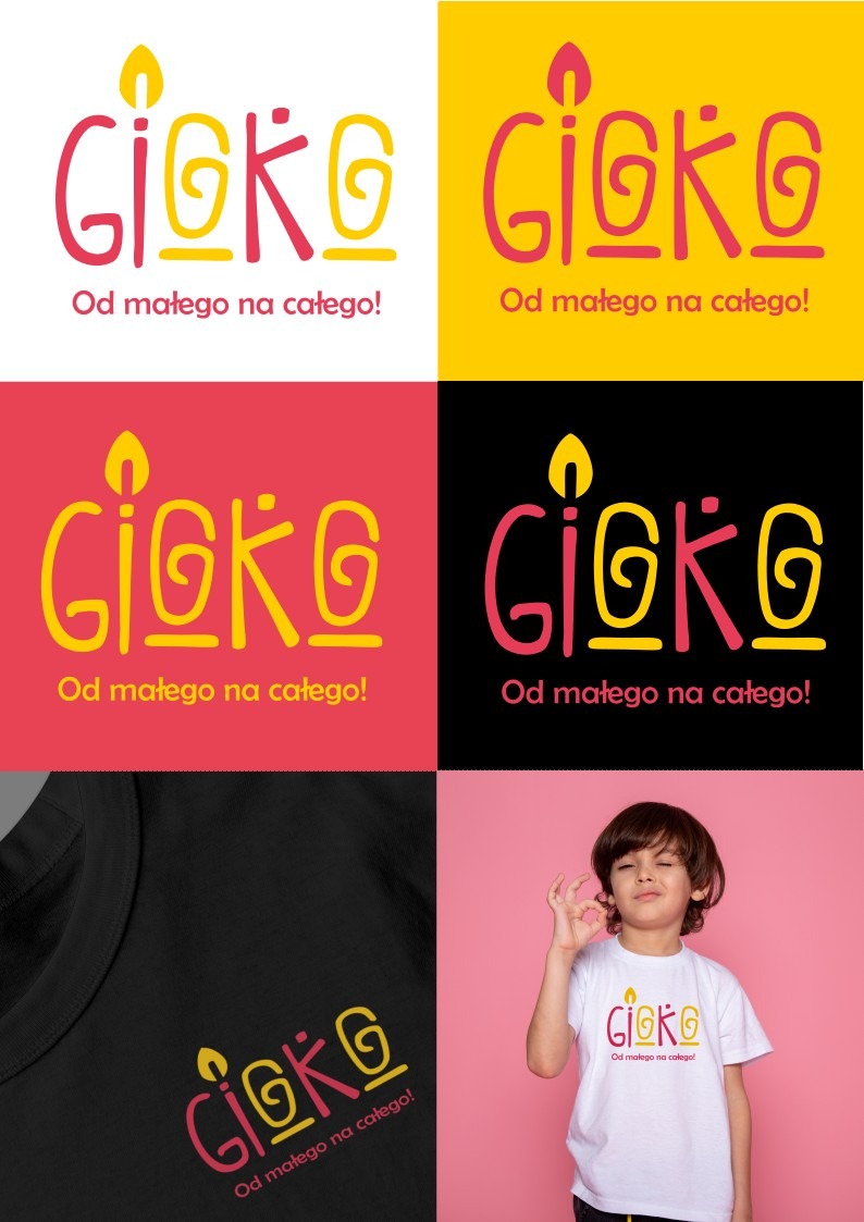 Kompozycja czterech wariantów kolorystycznych logo 'CiOKO' oraz prezentacja logo na czarnym t-shircie i białym t-shircie noszonym przez chłopca na różowym tle.
