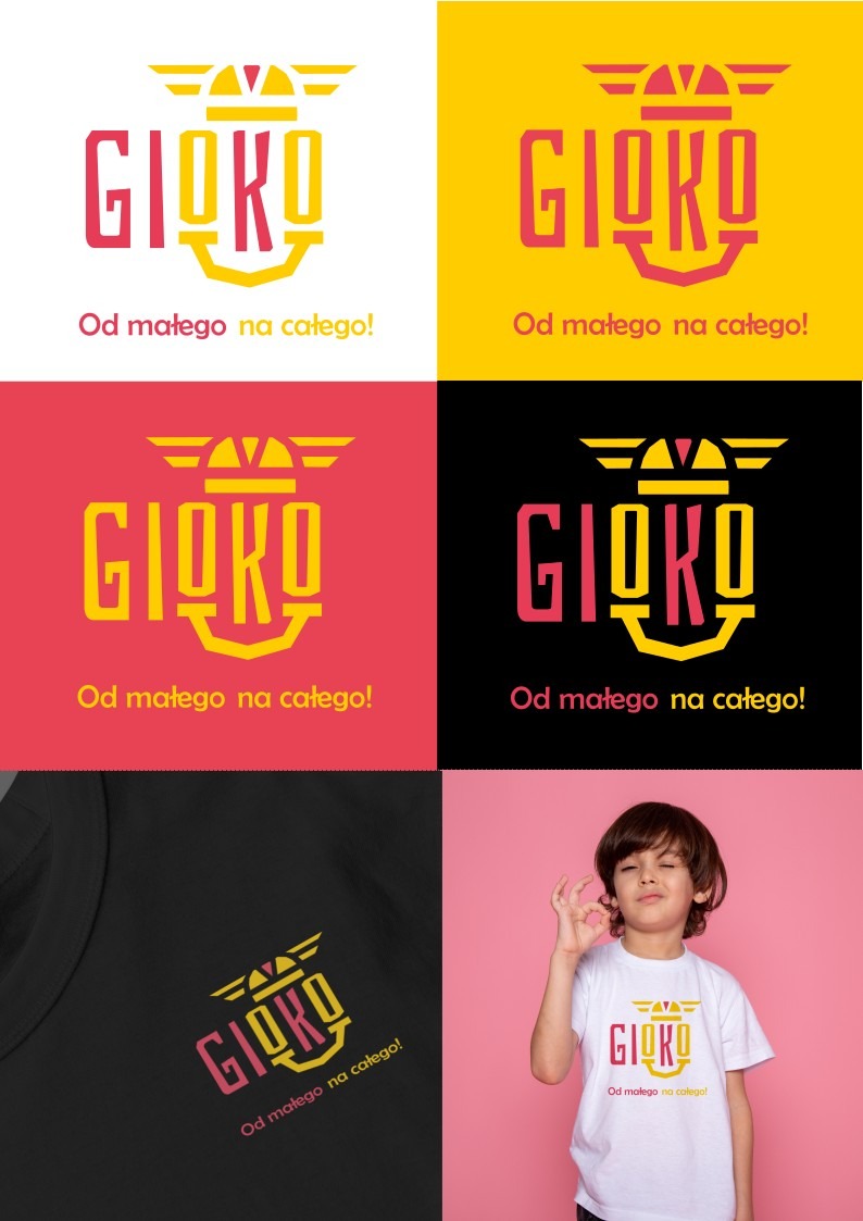 Kompozycja z logo 'GIOKO' w czterech wariantach kolorystycznych na kolorowych tłach oraz nadruk logo na czarnym t-shircie i na białym t-shircie noszonym przez chłopca na różowym tle.