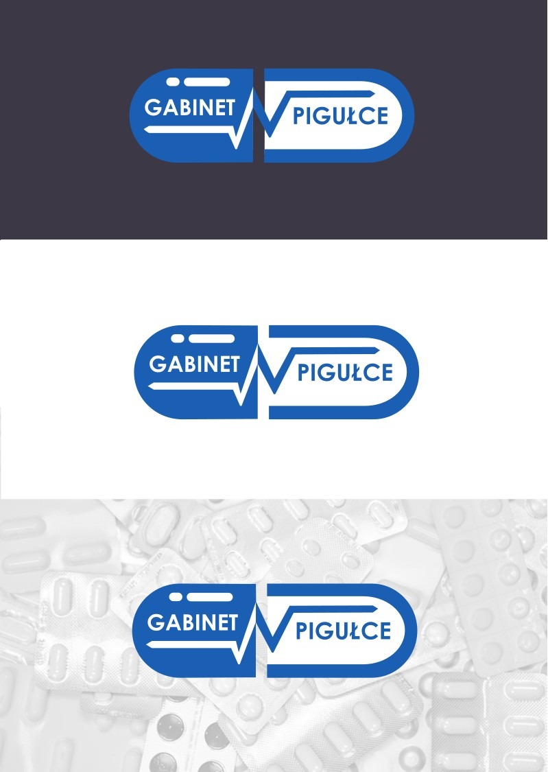 Trzy warianty niebieskiego logo w kształcie kapsułki z napisem 'Gabinet' po lewej i 'Pigułce' po prawej stronie, rozdzielone symbolem EKG; tła: ciemnoszare, białe i szare blistry tabletek.