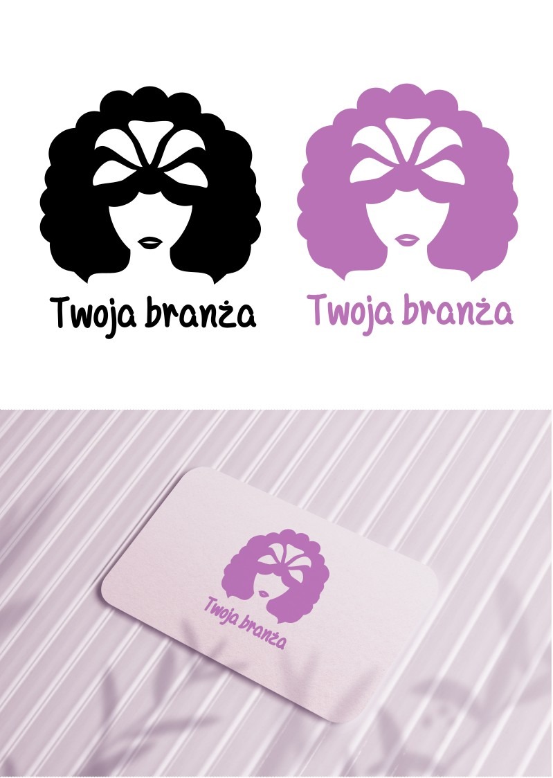 Dwa warianty logo z sylwetką kobiety w masce i afro, jeden czarny, drugi liliowy, oraz wizualizacja tego logo na wizytówce na tle w Pszczynie.