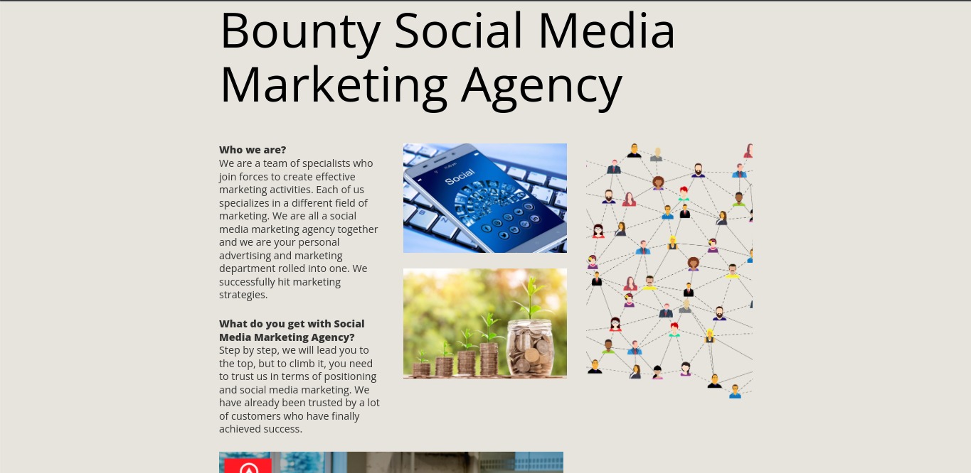 Kompozycja graficzna prezentująca ofertę agencji marketingowej Bounty Social Media, z elementami takimi jak smartfon z aplikacją społecznościową, rosnące monety symbolizujące sukces finansowy...