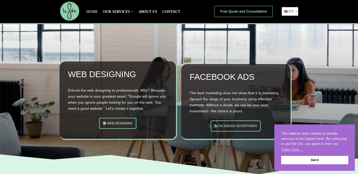 Zrzut ekranu strony internetowej z sekcjami poświęconymi projektowaniu stron i reklamom na Facebooku, z elementami graficznymi i tekstowymi, w jasnej, nowoczesnej stylistyce.