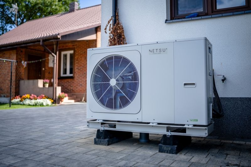 Biała pompa ciepła marki Netsu zainstalowana na szarym brukowanym podłożu obok białego domu z brązową ceglaną fasadą i kwiatami.