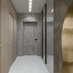 Strefa dzienna - kontynuacja wnętrza otoczonego drewnem, kamieniem i dodatkiem blachy w kolorze złota.