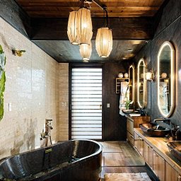 Krzysztof Augustyn - Nowoczesna łazienka z drewnianym sufitem, kamienną wanną i podświetlanymi lustrami. Roślina doniczkowa dodaje naturalnego akcentu. Minimalistyczny design.
