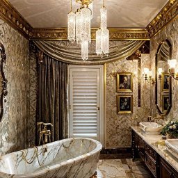 Krzysztof Augustyn - Luksusowa łazienka w stylu glamour: marmurowa wanna na złotych nóżkach, bogato zdobione lustra i złote detale wykończeniowe. Całość oświetla kryształowy żyrandol.