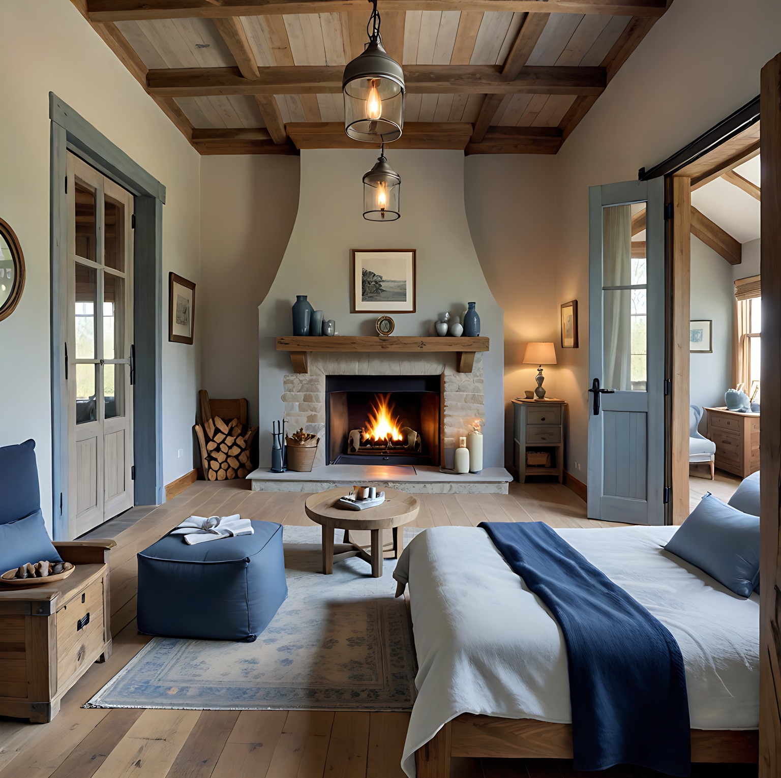 Przytulna sypialnia z kominkiem, drewnianym sufitem i elementami w odcieniach szarości i błękitu. Otwarty pokój z łóżkiem, stolikiem i fotelami, w ciepłym oświetleniu.