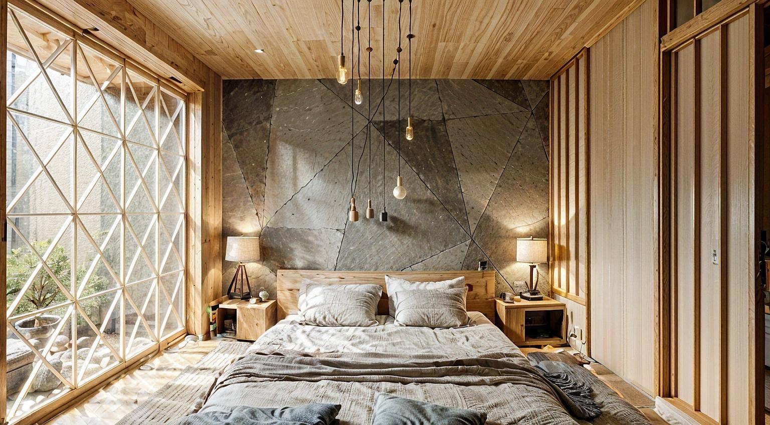 Jasna sypialnia w stylu skandynawskim z drewnianym wykończeniem, kamienną ścianą z geometrycznym wzorem i wiszącymi lampami. Widok na ogród przez okno.