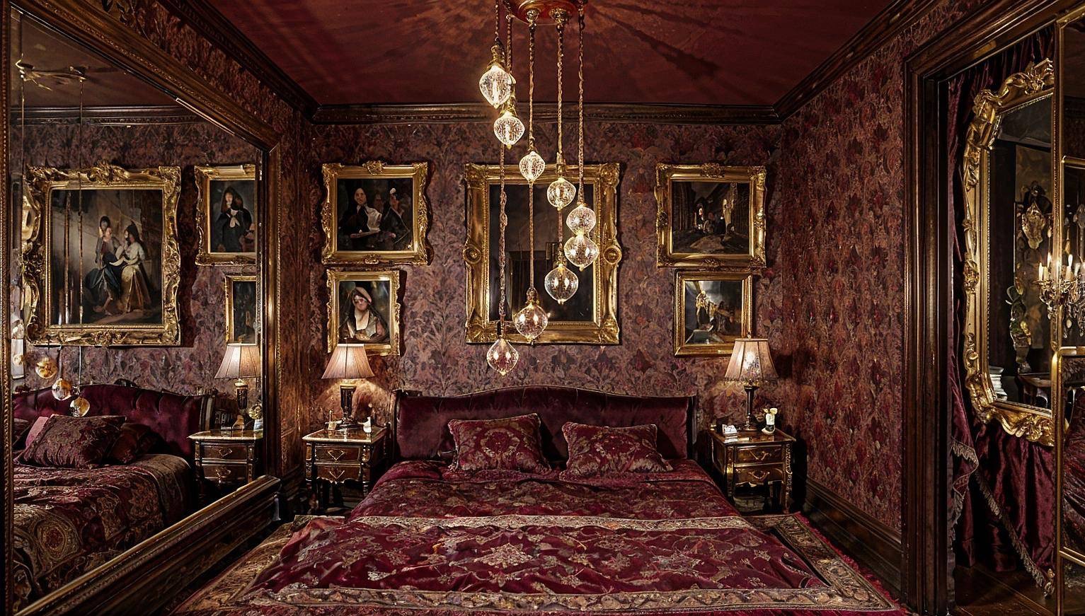 Bogato zdobiona sypialnia w stylu vintage z bordowymi wzorzystymi tapetami, złotymi ramami obrazów i lustrami, oraz wiszącymi lampami z kryształowymi kulami.