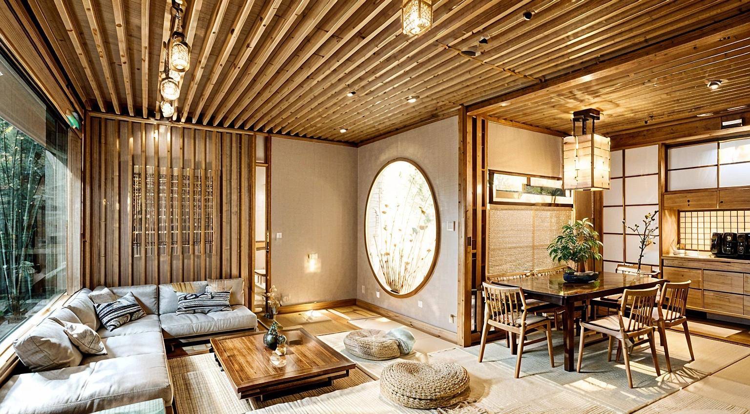 Stylowy salon w stylu japońskim: drewniane elementy, okrągłe okno z motywem roślinnym, niski stół i pufy. Przytulna przestrzeń z naturalnym oświetleniem i minimalistycznym designem.