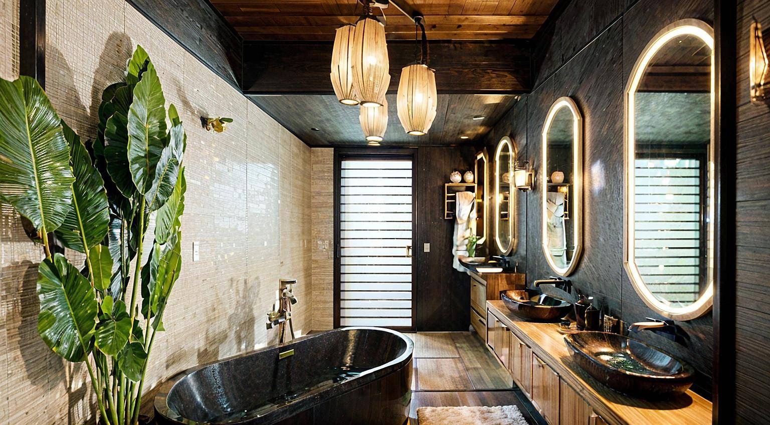 Nowoczesna łazienka z drewnianym sufitem, kamienną wanną i podświetlanymi lustrami. Roślina doniczkowa dodaje naturalnego akcentu. Minimalistyczny design.