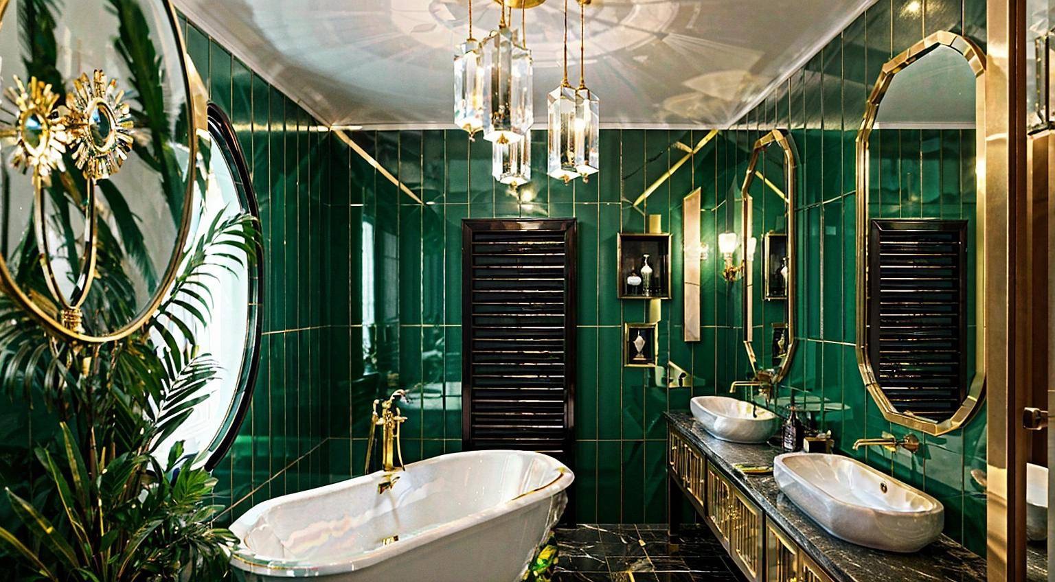 Luksusowa łazienka w odcieniach szmaragdu i złota: wolnostojąca wanna, marmurowe blaty, dekoracyjne lustra i kryształowe lampy wiszące tworzą elegancki klimat.