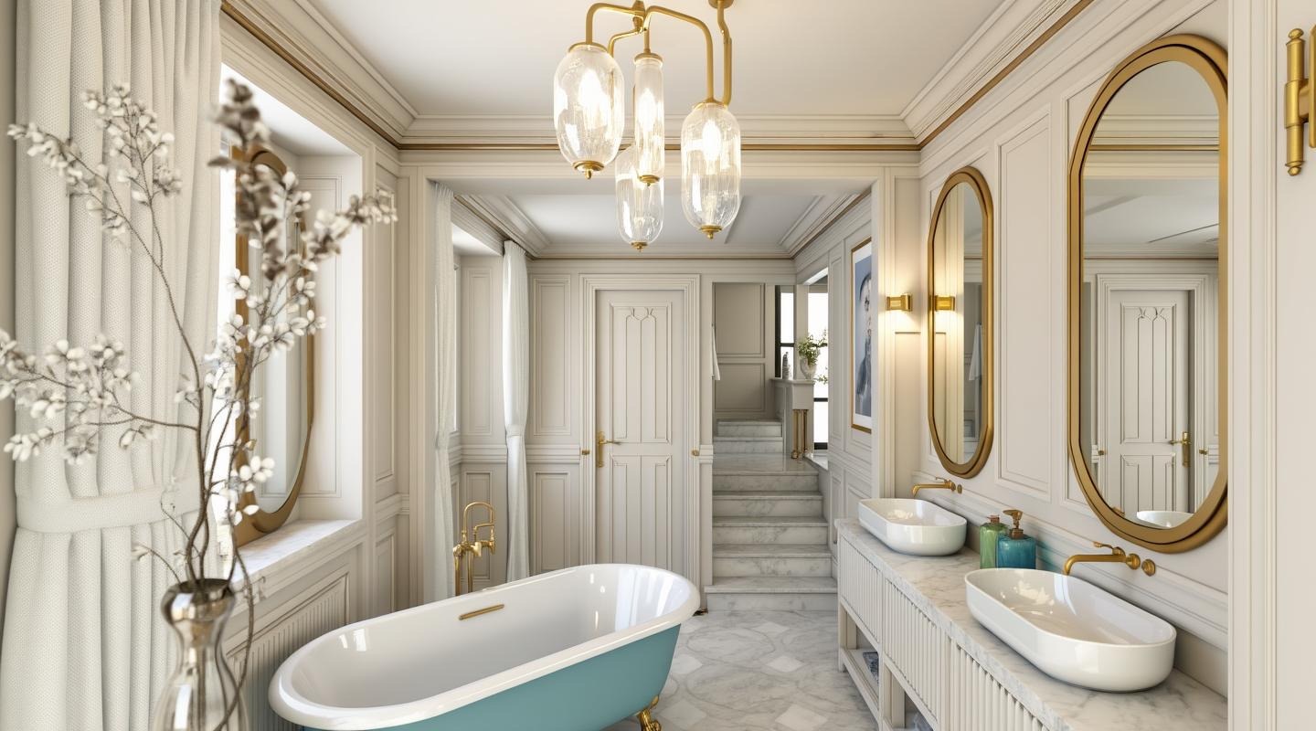 Elegancka łazienka w stylu klasycznym z wolnostojącą wanną w kolorze turkusowym, marmurową posadzką i złotymi akcentami. Lustra w złoconych ramach i ozdobne oświetlenie.