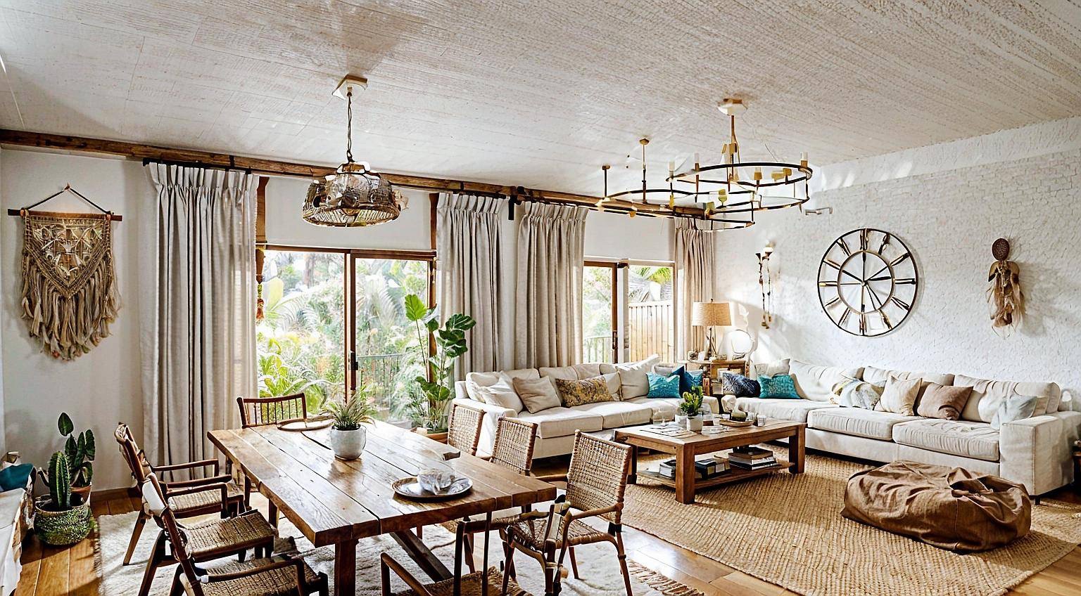 Jasne wnętrze w stylu boho: drewniany stół z krzesłami, sofa z poduszkami, okrągły zegar na teksturowanej ścianie, naturalne materiały, duże okna z widokiem na zieleń.