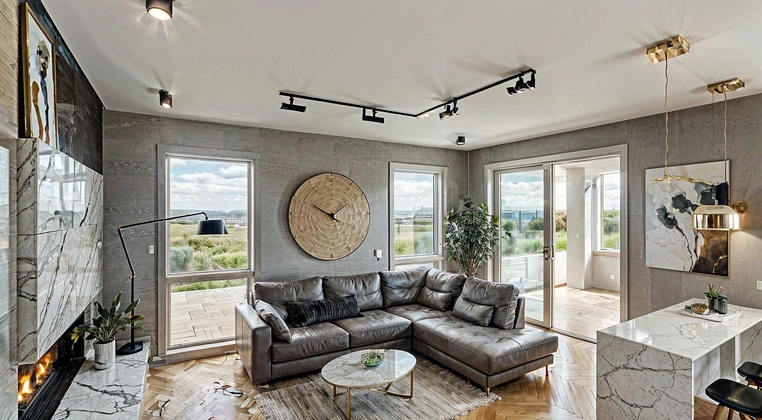 Jasne wnętrze salonu z szarą sofą narożną, marmurowym kominkiem i dużym zegarem na ścianie. Widok na zewnątrz przez okna i przesuwne drzwi balkonowe.