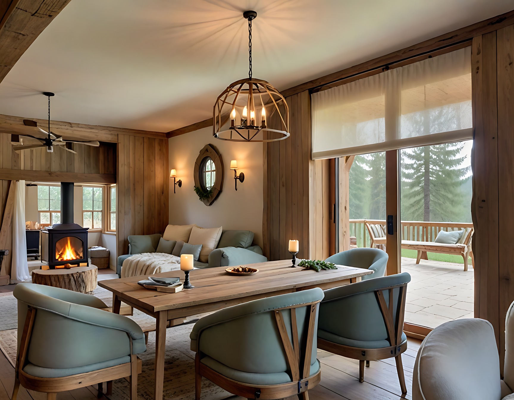 Drewniane wnętrze domu z kominkiem i stołem jadalnym, oświetlone dekoracyjną lampą wiszącą. Widok na zewnątrz przez duże okno balkonowe. Styl rustykalny, przytulna atmosfera.