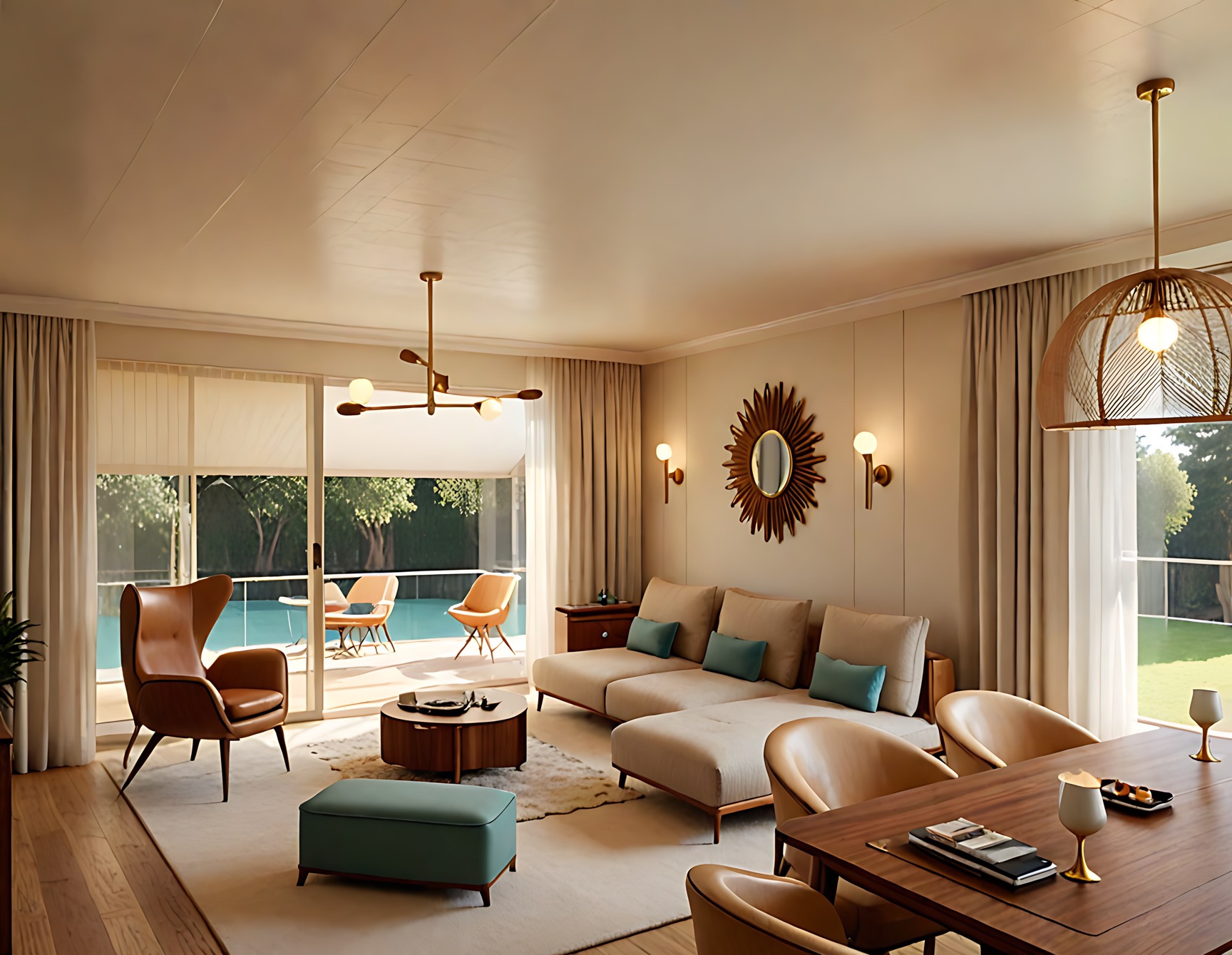 Jasne wnętrze z wyjściem na taras z basenem. Beżowa sofa z turkusowymi poduszkami, drewniany stół i krzesła. Lustro w kształcie słońca na ścianie. Lampa sufitowa z wikliny.