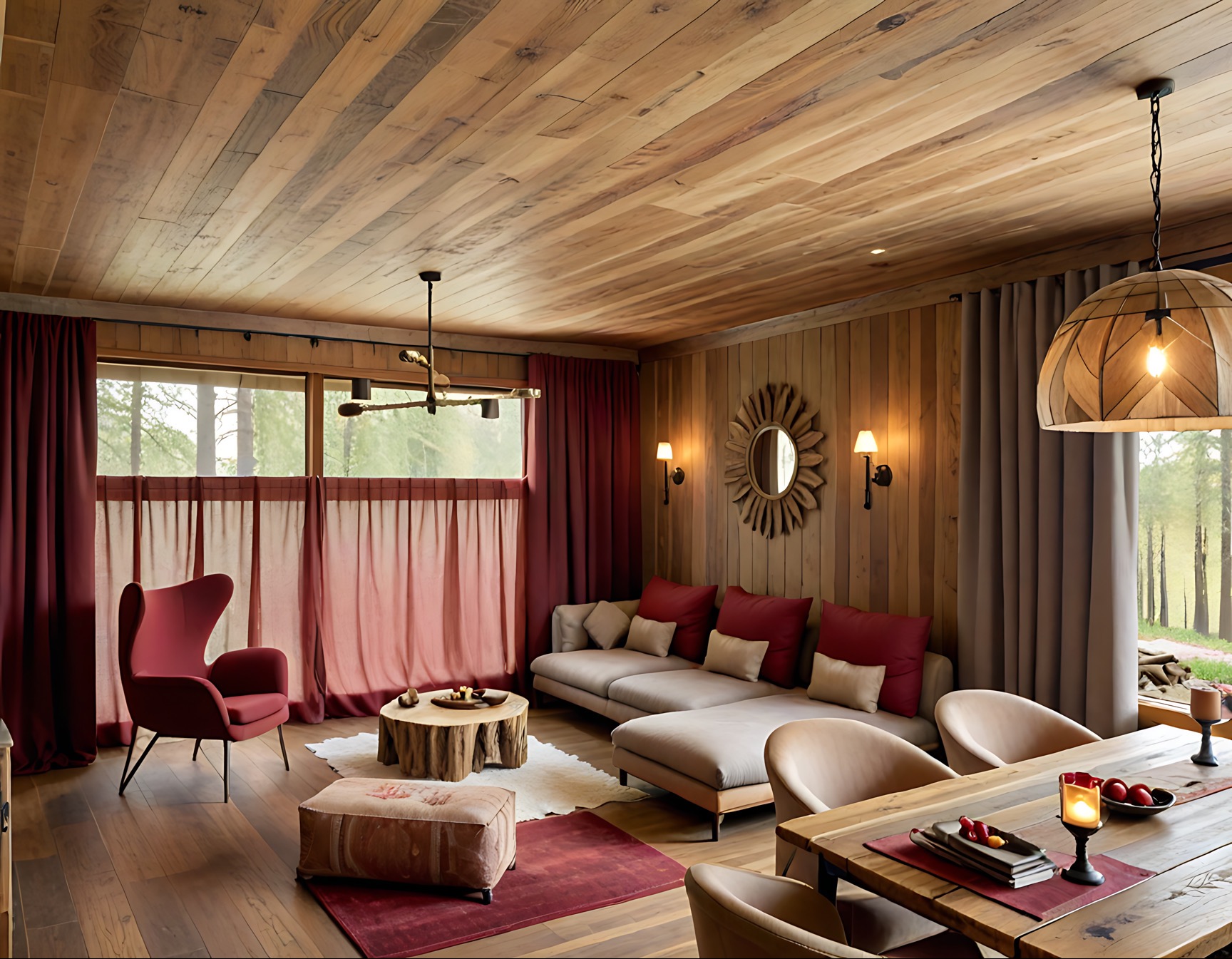 Drewniane wnętrze salonu z sofą, fotelem i stołem z pnia. Okno z widokiem na las, ciepłe oświetlenie i naturalne materiały tworzą przytulną atmosferę.