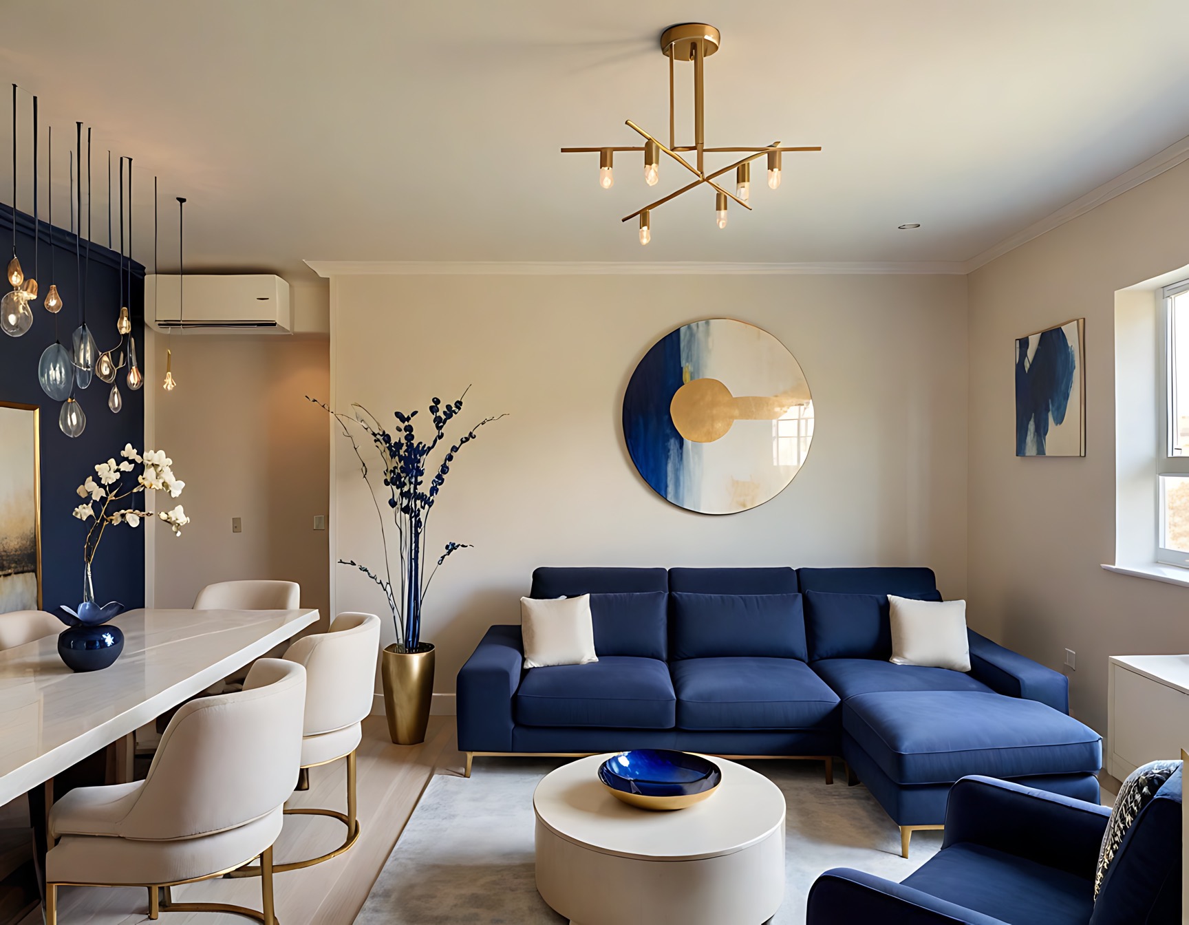 Elegancki salon z granatową sofą narożną, okrągłym stolikiem kawowym i złotymi akcentami. W tle widoczna jadalnia z marmurowym stołem i designerskim oświetleniem.