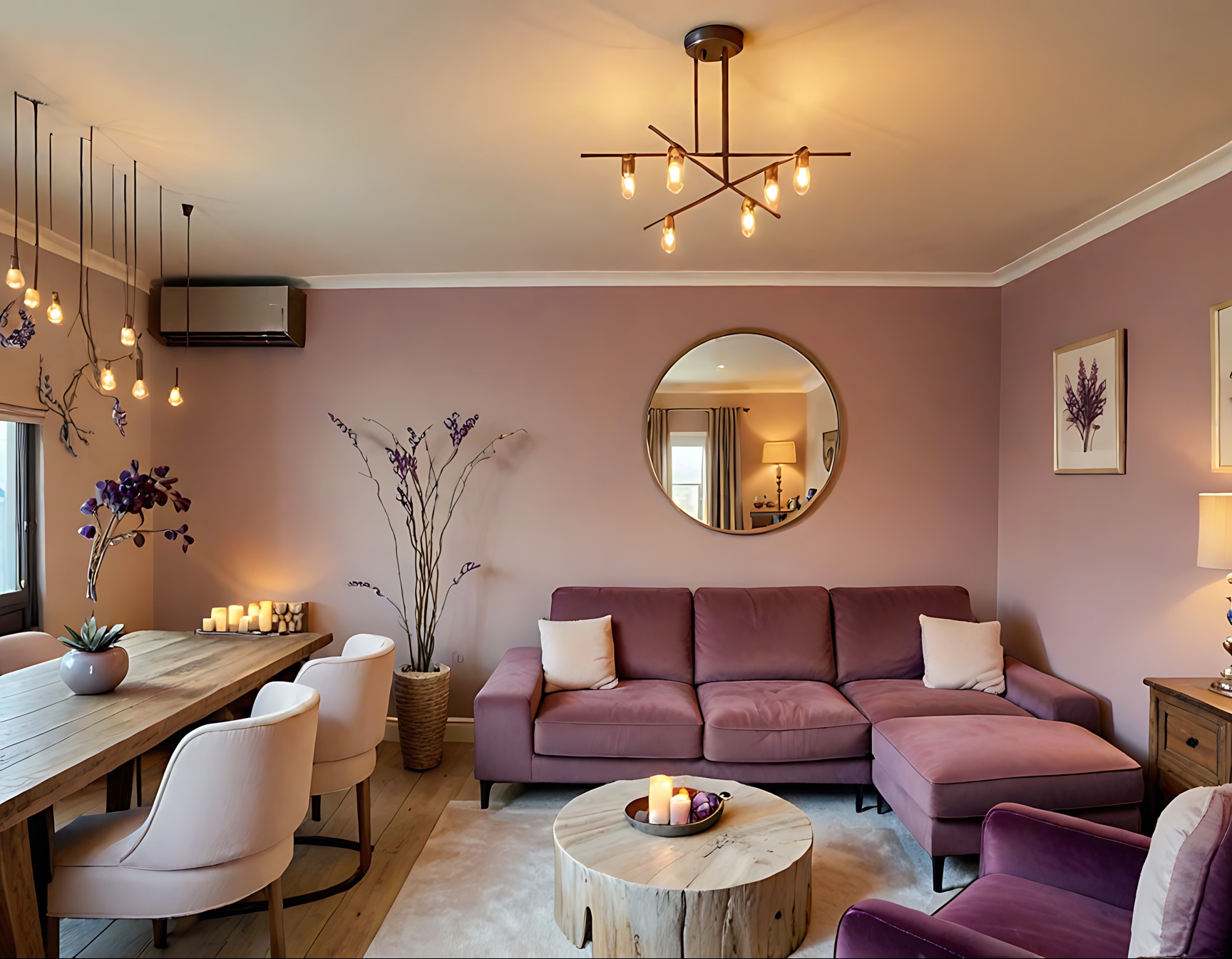 Stylowe wnętrze w odcieniach fioletu w Rzeszowie: sofa narożna, drewniany stół i krzesła. Okrągłe lustro i lampy dodają elegancji. Dekoracje roślinne ożywiają przestrzeń.