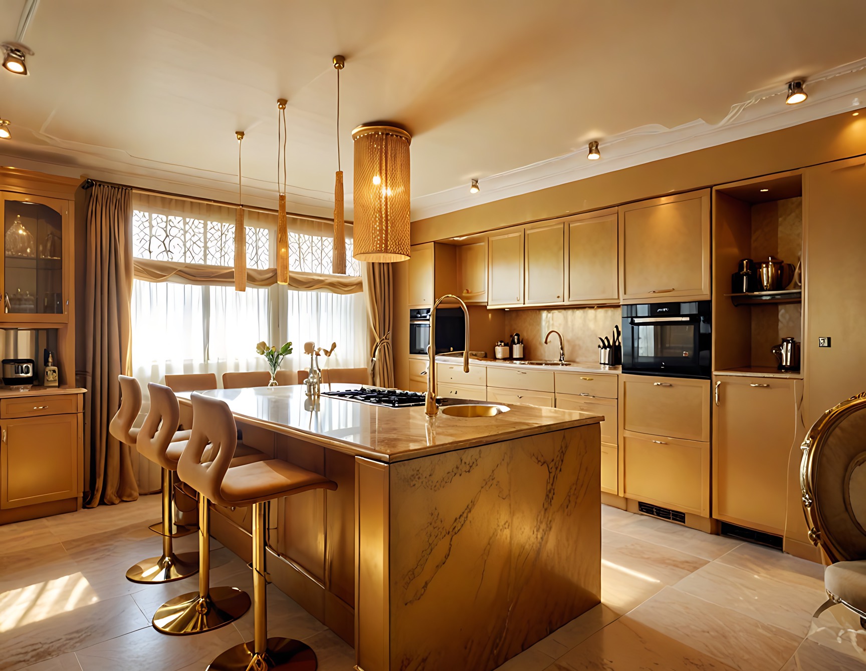 Złota kuchnia z wyspą i hokerami. Marmurkowy blat, designerskie lampy wiszące, okno z dekoracyjną zasłoną. Całość w ciepłej tonacji.