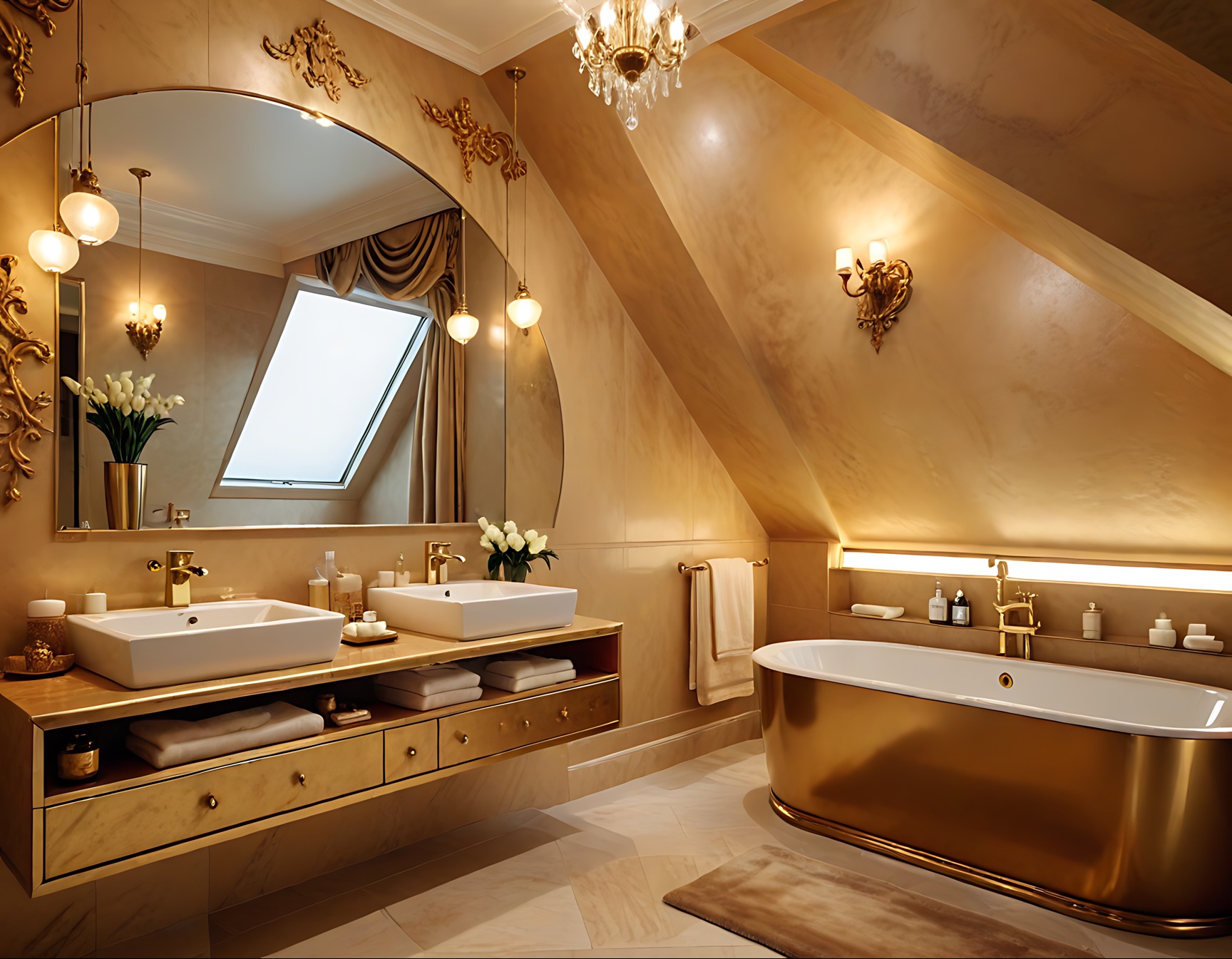 Luksusowa łazienka na poddaszu w odcieniach złota. Uwagę przykuwa wanna w stylu retro, umywalki nablatowe i duże lustro z dekoracyjnymi detalami.