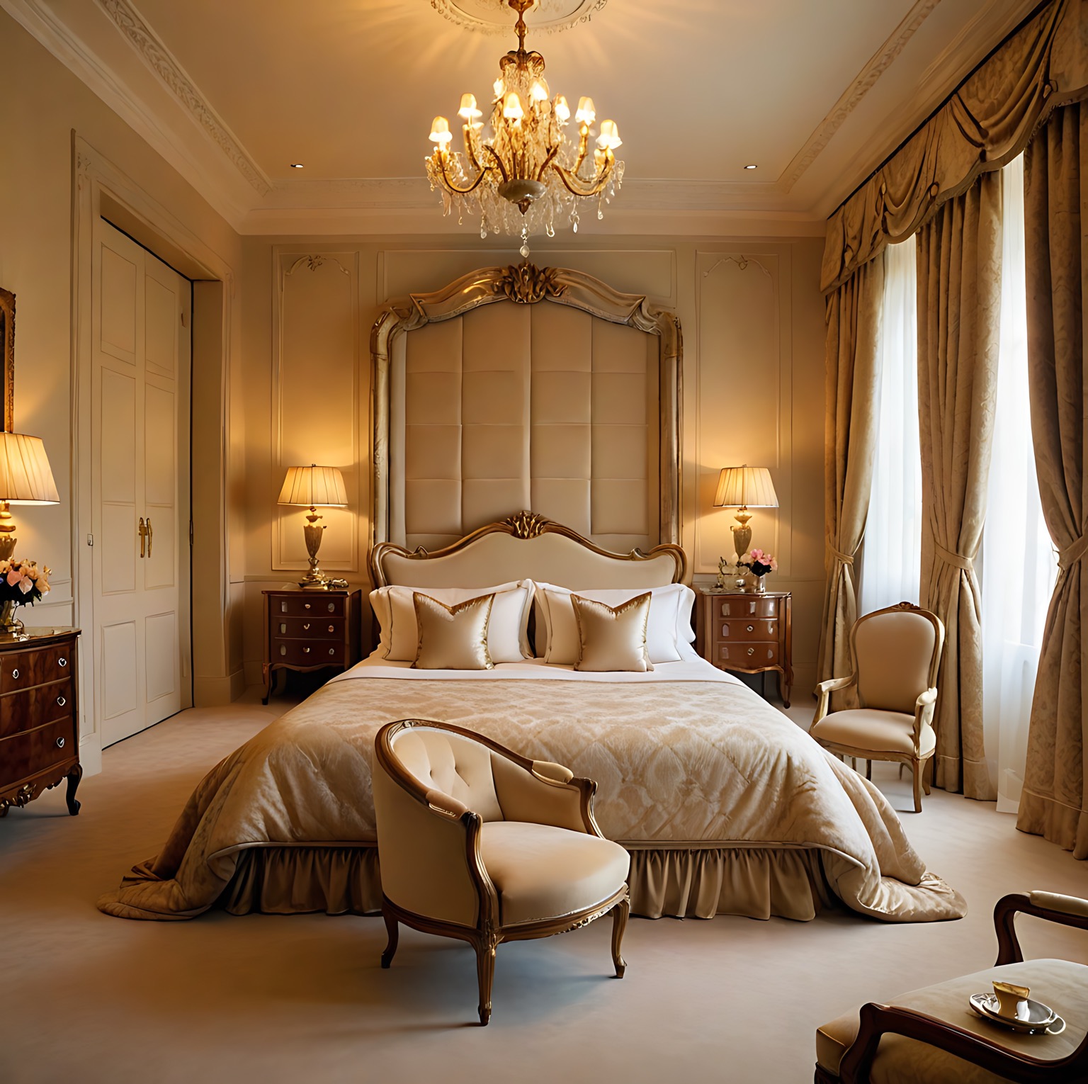 Ekskluzywna sypialnia w odcieniach beżu i złota z dużym łóżkiem, ozdobnym zagłówkiem i kryształowym żyrandolem. Klasyczne meble i dekoracyjne zasłony.