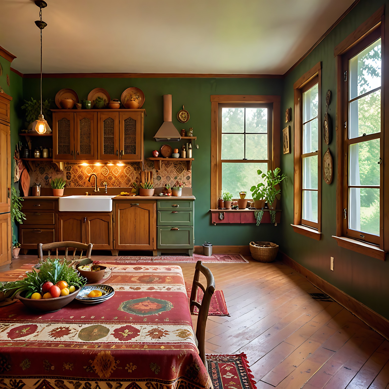 Rustykalna kuchnia z drewnianymi szafkami, zielonymi ścianami i stołem nakrytym wzorzystym obrusem. Na stole misa z warzywami i owocami.