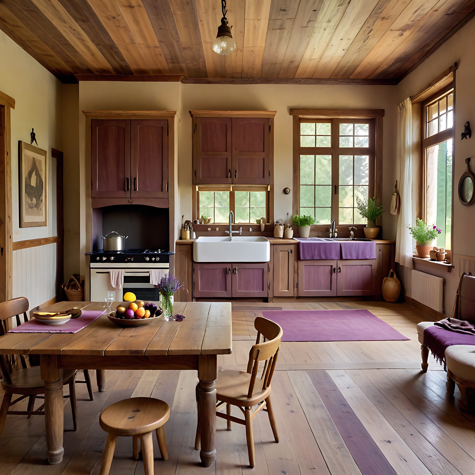 Rustykalna kuchnia z drewnianym stołem, fioletowymi akcentami i naturalnym światłem wpadającym przez okna. Ustawiony stół zaprasza do spożywania posiłków.