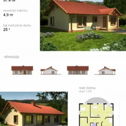 Projekt domu jednorodzinnego w wariancie 1: wizualizacja elewacji z dachem z dachówki ceramicznej, rzut domu w skali 1:500, powierzchnia zabudowy 97,4 m2, wysokość kalenicy 4,9 m, kąt nachylenia...