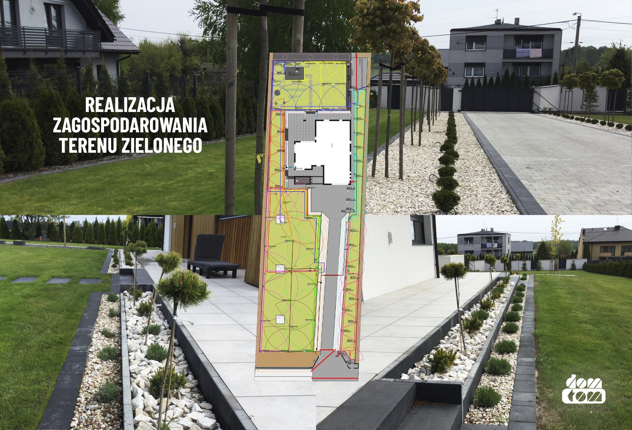 Projekt zagospodarowania terenu zielonego z naniesionym planem na tle zrealizowanych elementów: ścieżki z kostki, trawnik, rabaty z białym kamieniem i niskimi krzewami, drzewa kuliste.