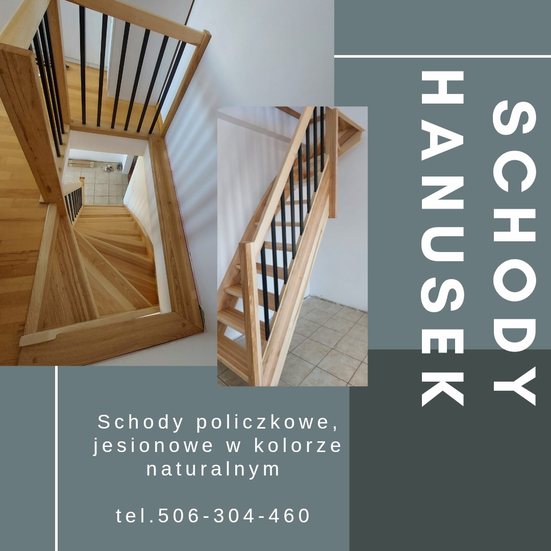 Jesionowe schody policzkowe w naturalnym kolorze, z czarnymi balustradami, prezentowane w kolażu z widokiem z góry i z boku. Jasne drewno, nowoczesny design.
