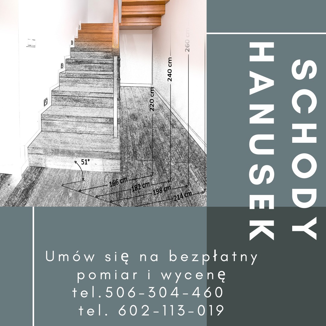 Grafika schodów z wizualizacją wymiarów i danymi kontaktowymi firmy Schody Hanusek, zapraszająca do darmowego pomiaru i wyceny. Ujęcie z dołu, z elementami szkicu.