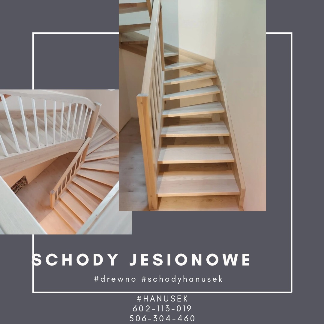 Jasne schody jesionowe z drewnianą balustradą, widoczne z dwóch perspektyw. Minimalistyczny design, naturalne wykończenie drewna.