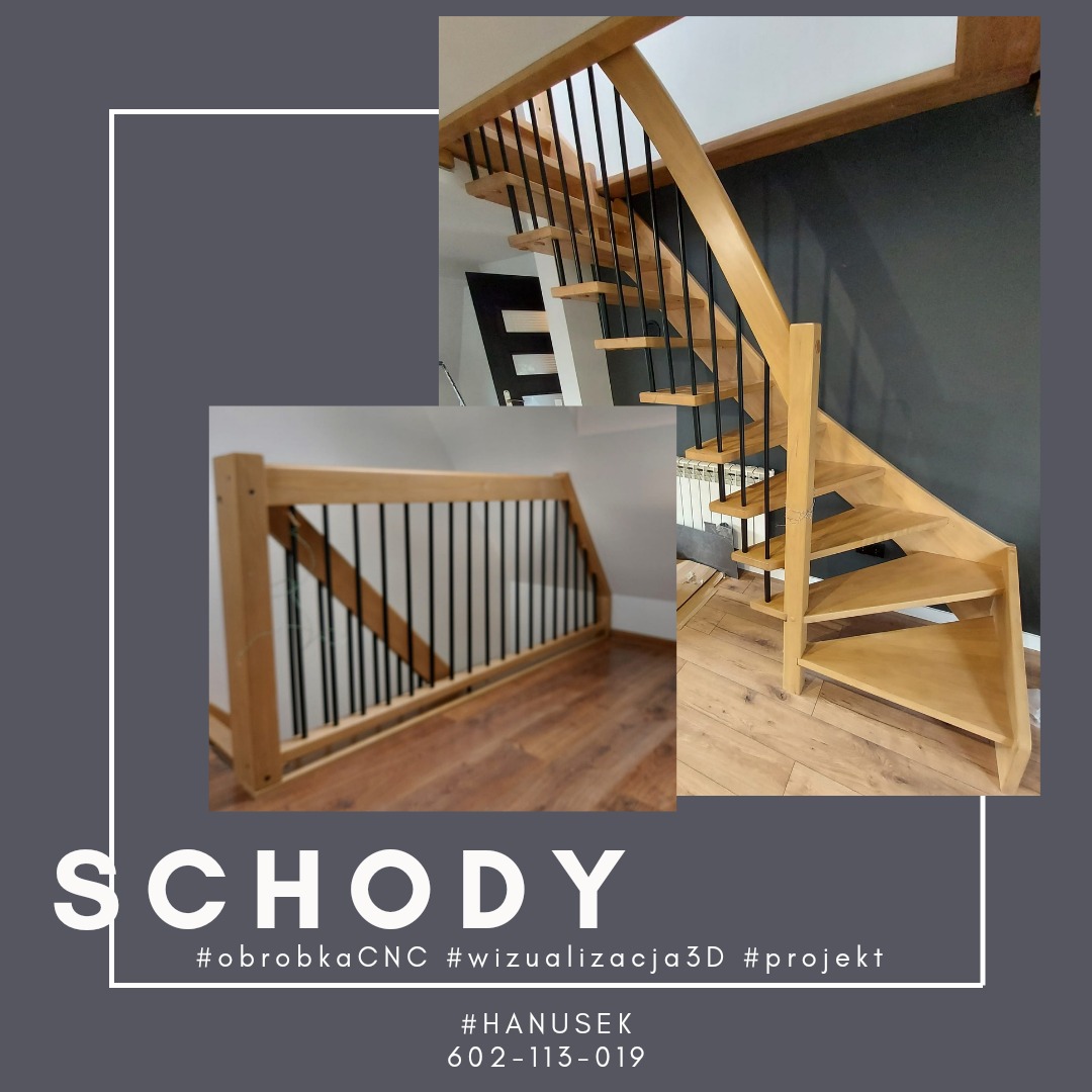 Jasne schody z czarnymi metalowymi prętami, ujęcie z dołu, na tle ciemnej ściany. Dodatkowe ujęcie balustrady na poddaszu. Widoczne hasztagi #obrobkaCNC #wizualizacja3D #projekt.