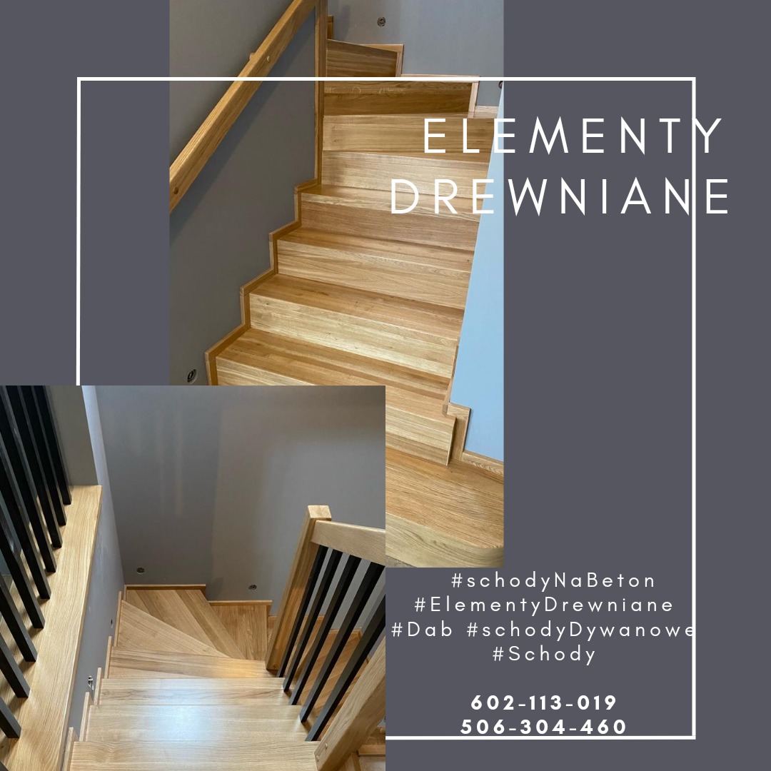 Dębowe schody na beton z czarną balustradą, ujęte z dwóch perspektyw. Jasne drewno kontrastuje z szarą ścianą. Widoczne numery telefonów. Całość w estetycznej ramie.