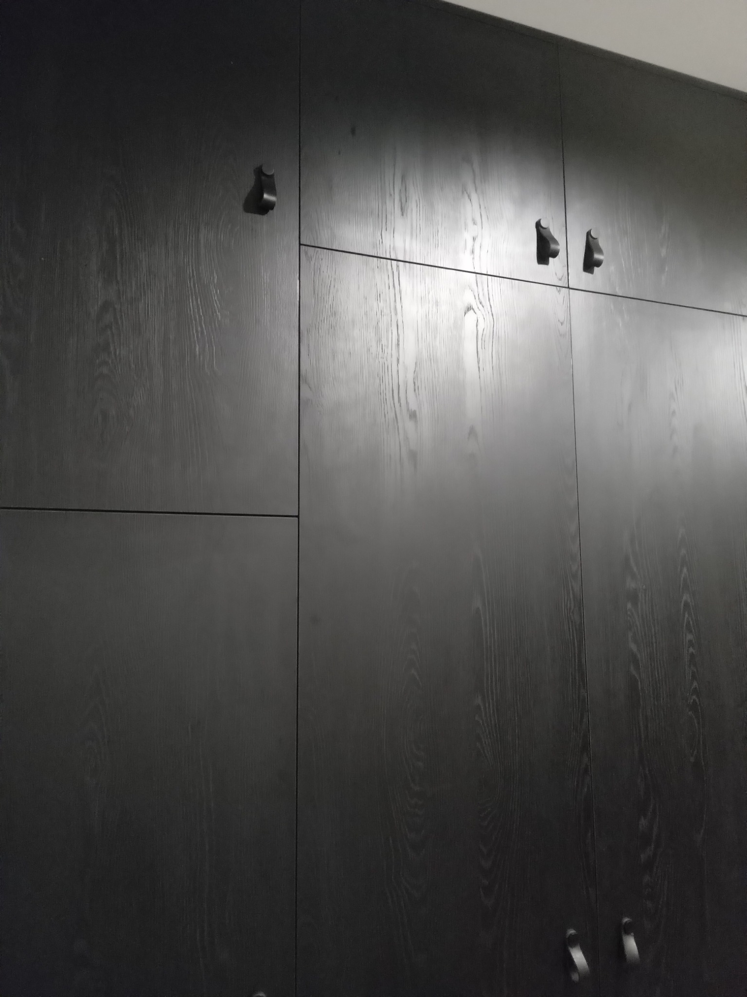 Ciemna, drewnopodobna szafa z minimalistycznymi uchwytami, widoczne faktura drewna i podział na segmenty.