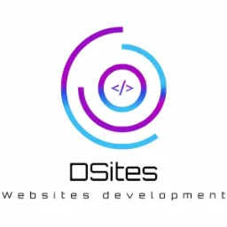 Abstrakcyjne logo firmy Dsites z symbolem kodu w okręgu, gradient fioletowo-niebieski, napis 'Websites development' pod nazwą firmy.