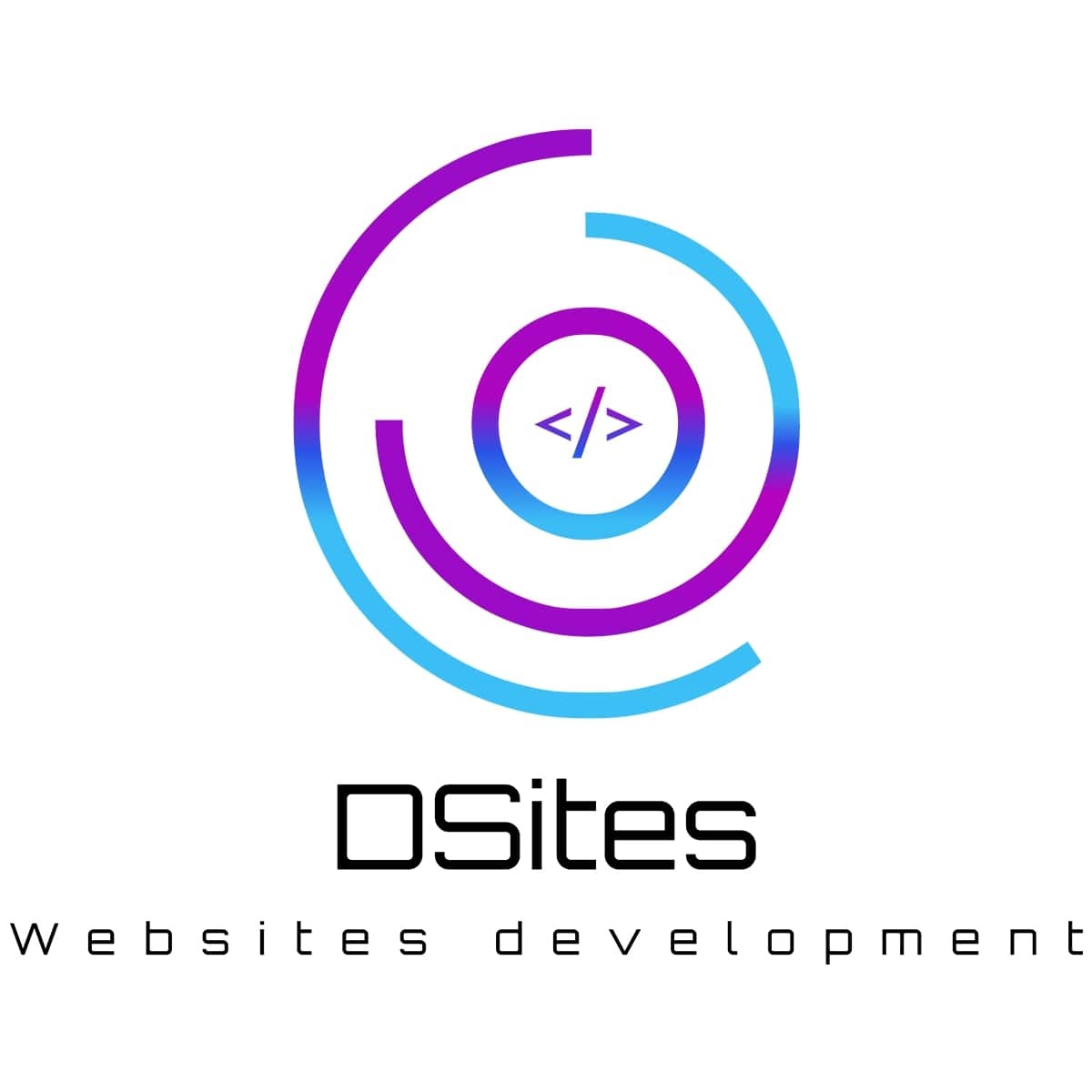 Abstrakcyjne logo firmy Dsites z symbolem kodu w okręgu, gradient fioletowo-niebieski, napis 'Websites development' pod nazwą firmy.