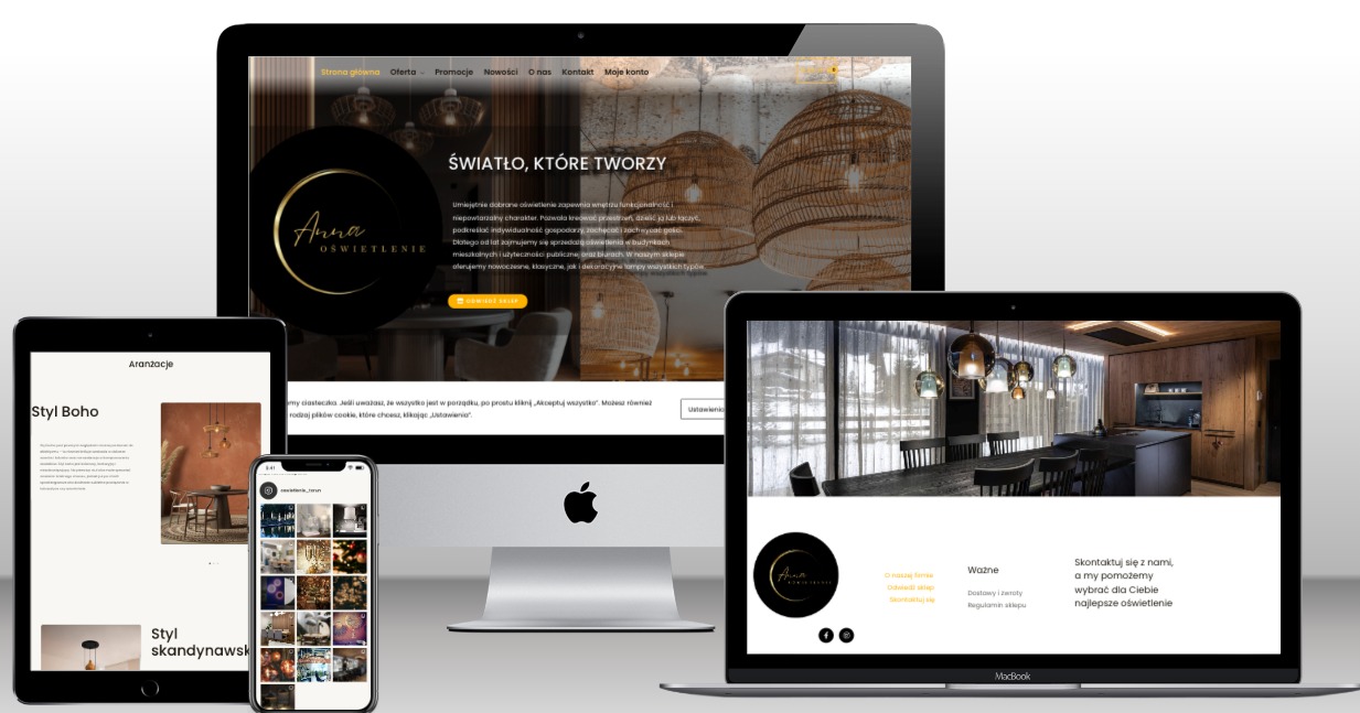 Prezentacja responsywnej strony internetowej na różnych urządzeniach: monitorze, laptopie, tablecie i smartfonie. Strona prezentuje ofertę oświetlenia z aranżacjami w stylu boho i skandynawskim.