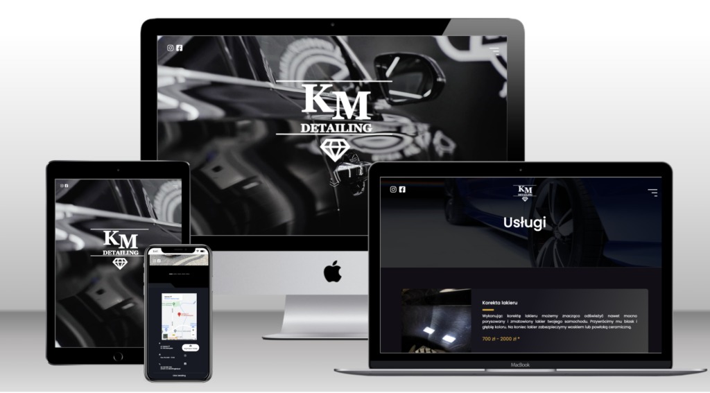 Responsywna strona internetowa KM Detailing wyświetlana na monitorze, laptopie, tablecie i smartfonie, prezentująca logo i ofertę usług.