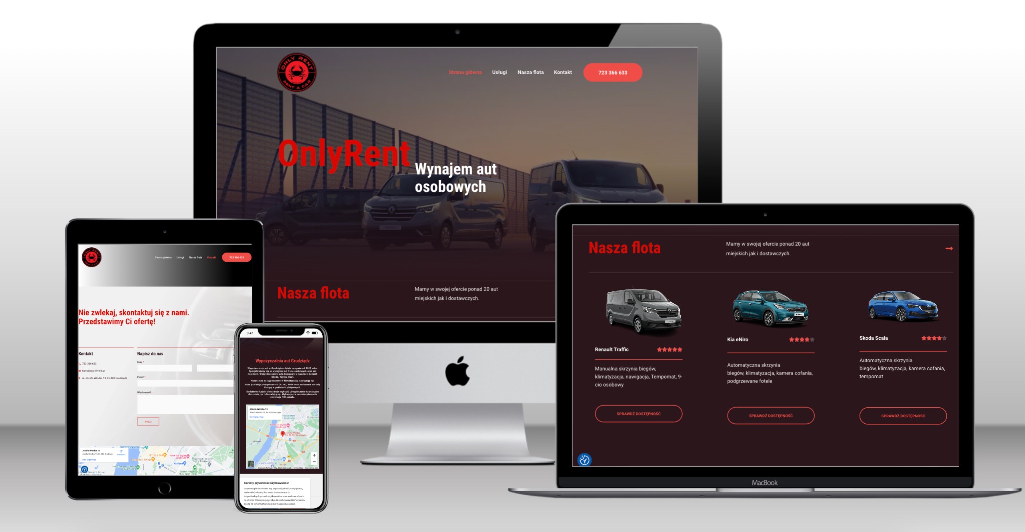 Responsywna strona internetowa z ofertą wypożyczalni samochodów, wyświetlona na monitorze, laptopie, tablecie i smartfonie, prezentująca flotę pojazdów i dane kontaktowe.