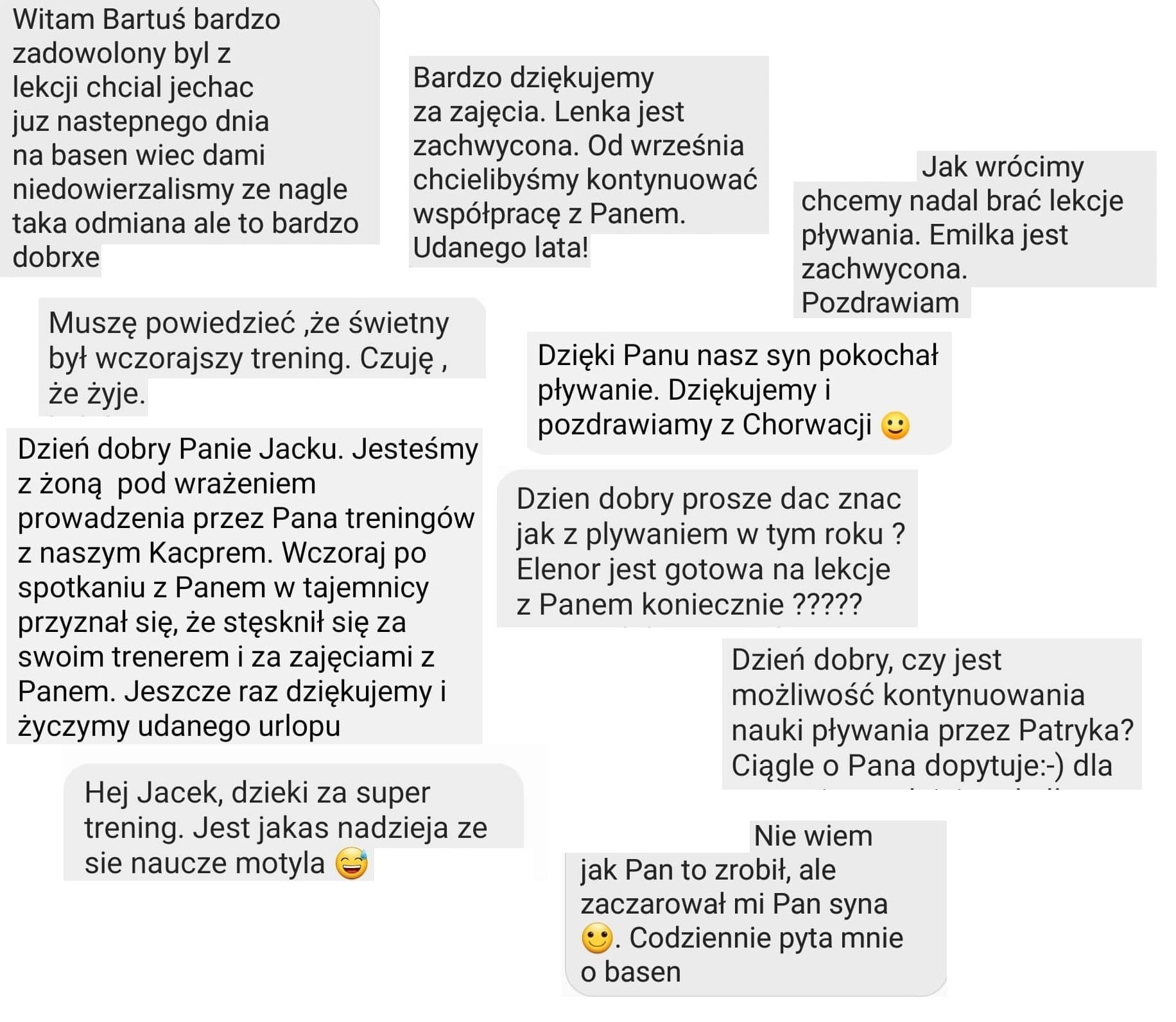 Zrzut ekranu z wiadomościami SMS od zadowolonych klientów, dziękujących za treningi i lekcje, z pozytywnymi opiniami o efektach i chęcią kontynuacji zajęć.