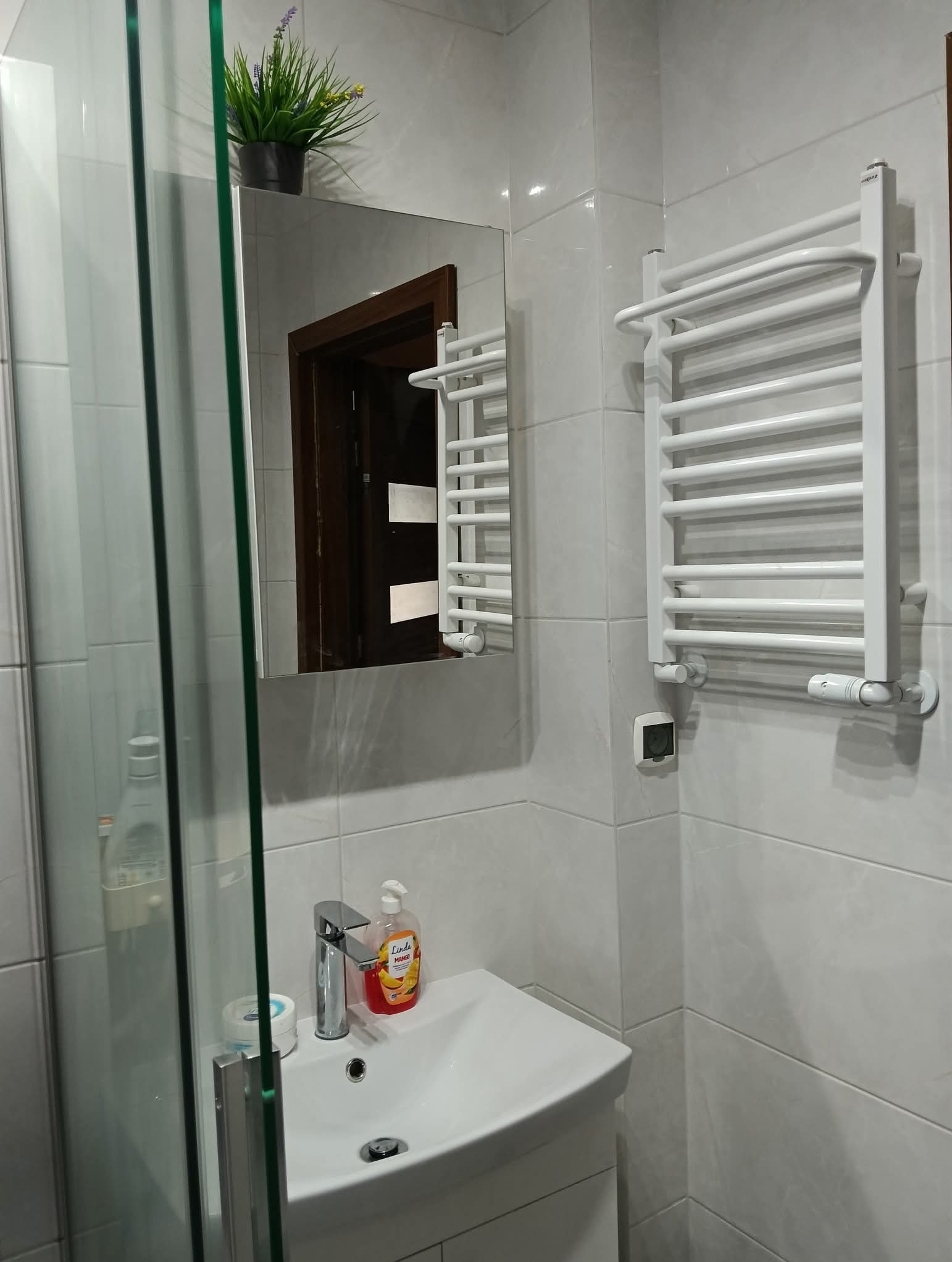 Nowoczesna łazienka z umywalką, baterią, grzejnikiem drabinkowym i lustrem. Na umywalce kosmetyki, a nad lustrem doniczka z rośliną. Płytki w odcieniach szarości.