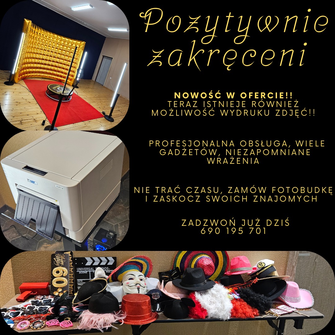 Prezentacja zestawu do fotobudki: nadmuchiwana ścianka, czerwony dywanik, oświetlenie, drukarka i rekwizyty na stole (maski, kapelusze, okulary).