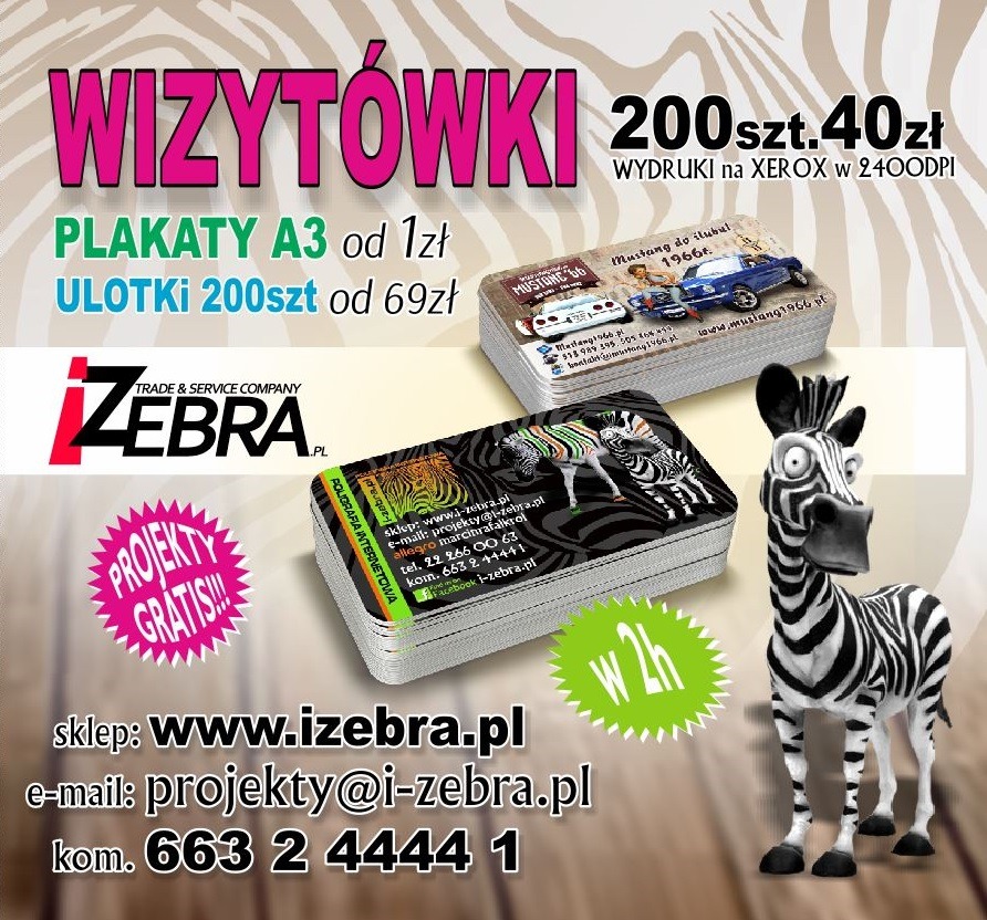 Promocja usług drukarskich: wizytówki, plakaty A3 i ulotki, z przykładowymi projektami wizytówek, w tym jedna z motywem zebry i druga z klasycznym samochodem Mustang, obok grafika zebry.
