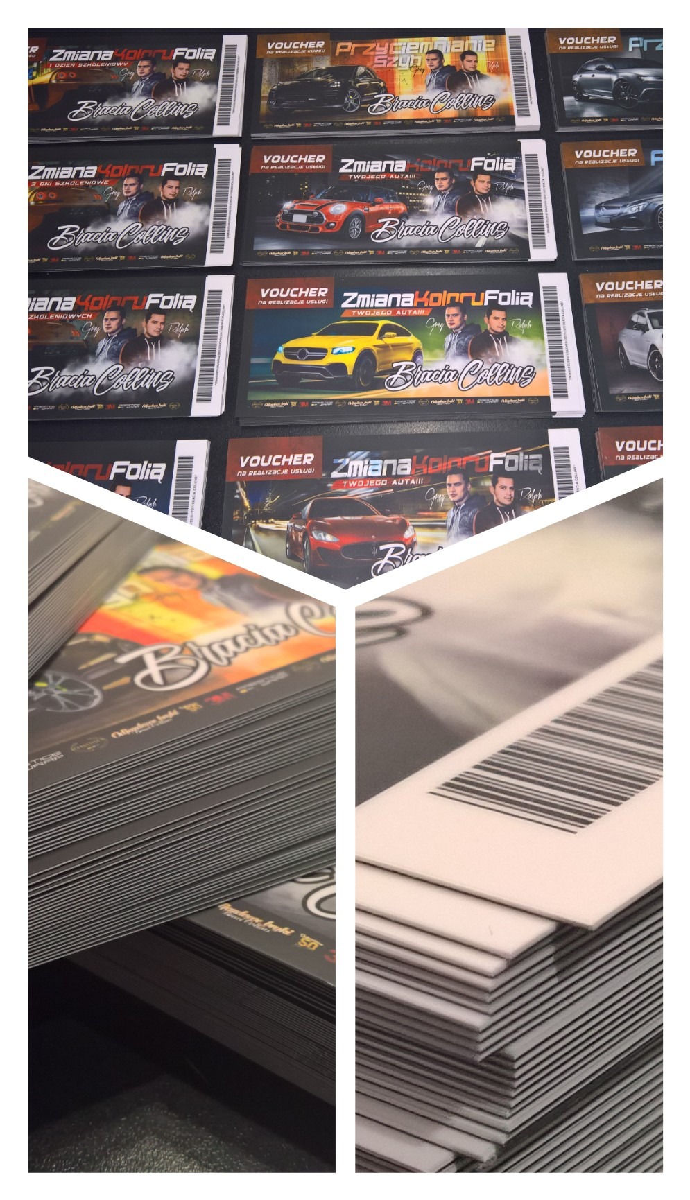 Stosy świeżo wydrukowanych voucherów z grafiką zmiany koloru folią samochodową, z widocznym kodem kreskowym i logo firmy Bracia Colling.